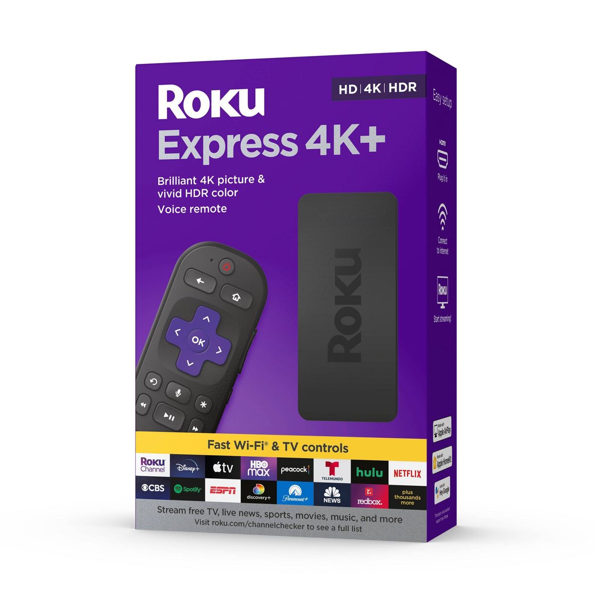 Roku Express 4K+ | Streaming Player HD/4K/HDR with Roku Voice Remote with TV Controls and Premium HDMI Cable