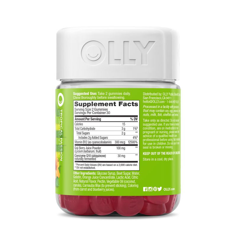 OLLY Daily Energy Caffeine Free Gummies with Vitamin B12, CoQ10 & Goji Berry Tropical Passion